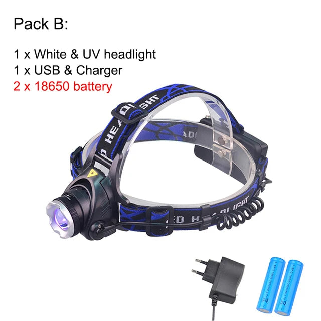 Powerful 4-Mode 5W LED Headlamp USB Rechargeable Zoom Headlight 395nm UV & White Head Torch For Camping Scorpion Detector-WAYBIKER