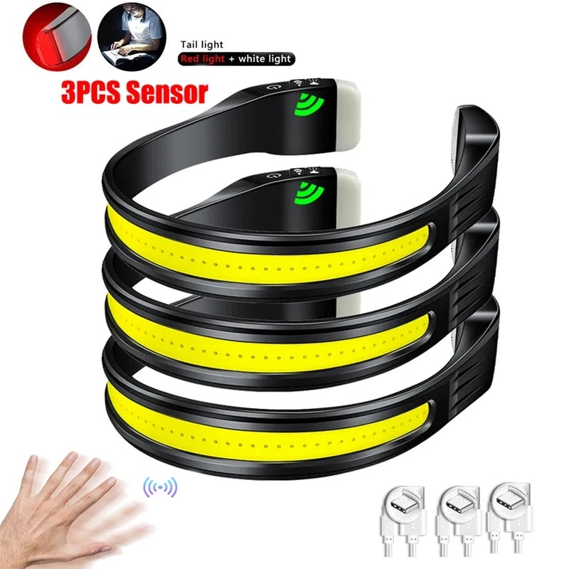Running Headlamp USB C Rechargeable Built-in Battery Strong Light Fishing Reading Headlight with Tail Red and White Light-WAYBIKER