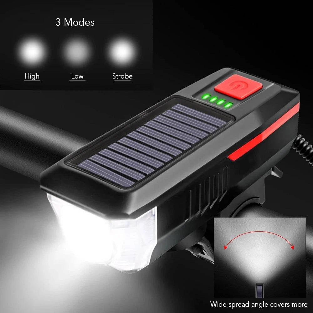 Solar USB Charging Bike Front Light Bicycle Bell Horn Lamp Waterproof Cycling Headlight with3 Lighting Modes 5 Sounds-WAYBIKER