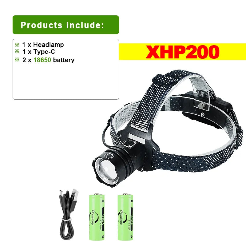 Newest XHP200 Super Powerful LED Headlamp USB Rechargeable Headlight 18650 Waterproof 3modes Head Lamp Zoomable Fishing Lantern-WAYBIKER