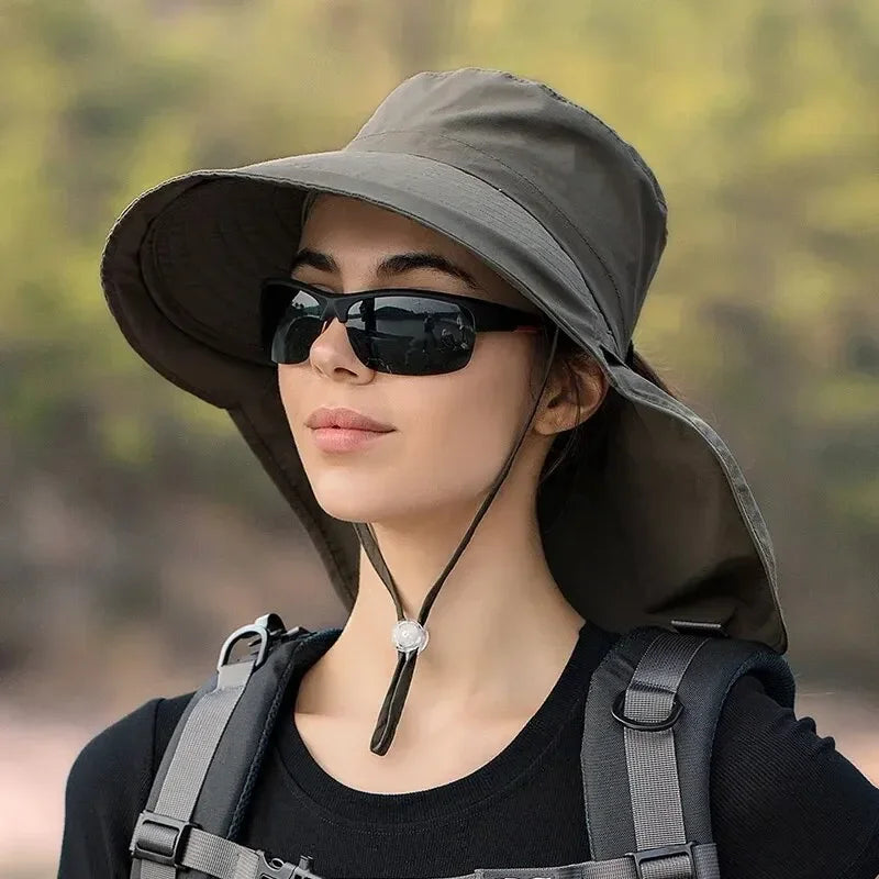 Summer Hats for Women Outdoor UV Anti Neck Protection Sun Visors for Lady Fishing Hiking Wide Brim Shawl Sunscreen Ponytail Cap-WAYBIKER