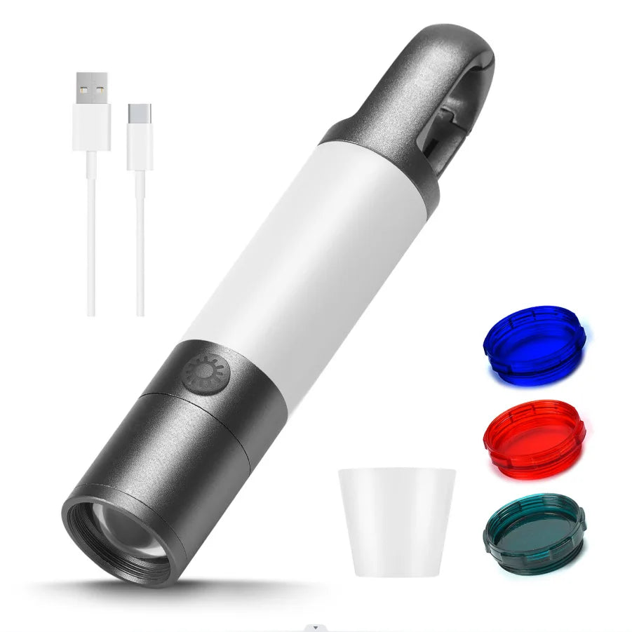 White Laser Flashlight Internal 18650 Rechargeable Torch 5Modes Zoom Hook Hanging Side Tungsten Wire Camping Lamp with Lampshade-WAYBIKER