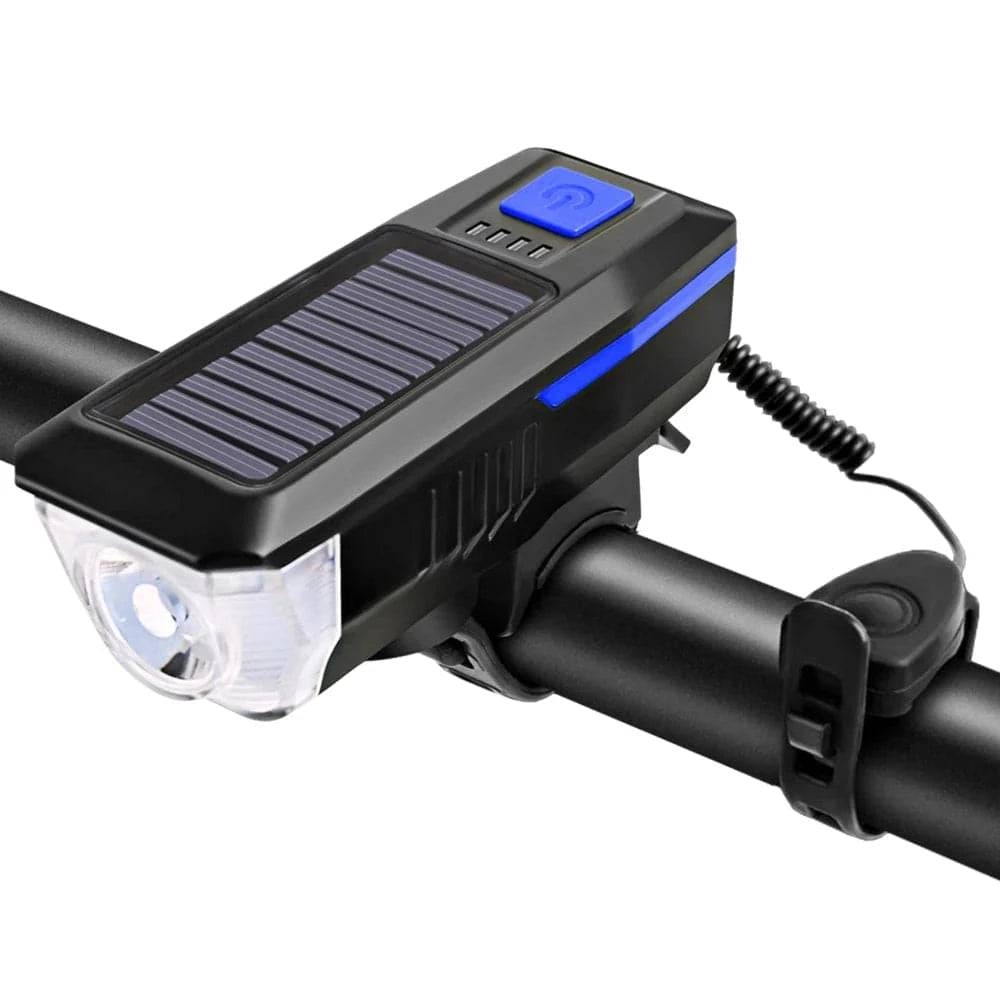 Solar USB Charging Bike Front Light Bicycle Bell Horn Lamp Waterproof Cycling Headlight with3 Lighting Modes 5 Sounds-WAYBIKER