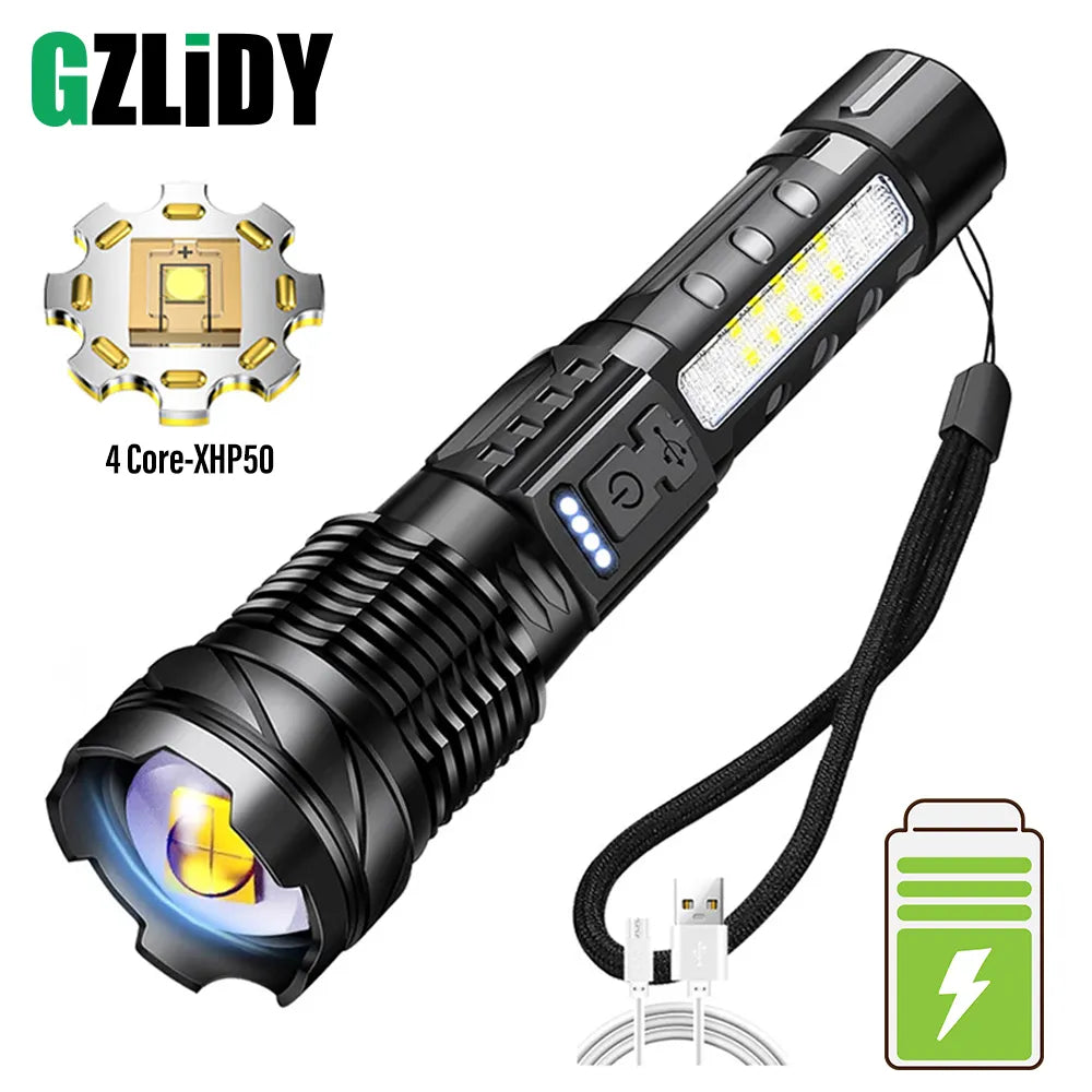 Powerful XHP50 LED Flashlight Waterproof 18650 Torch With Side Light 7 Modes Camping Fishing Lantern USB Rechargeable Zoom Lamp-WAYBIKER