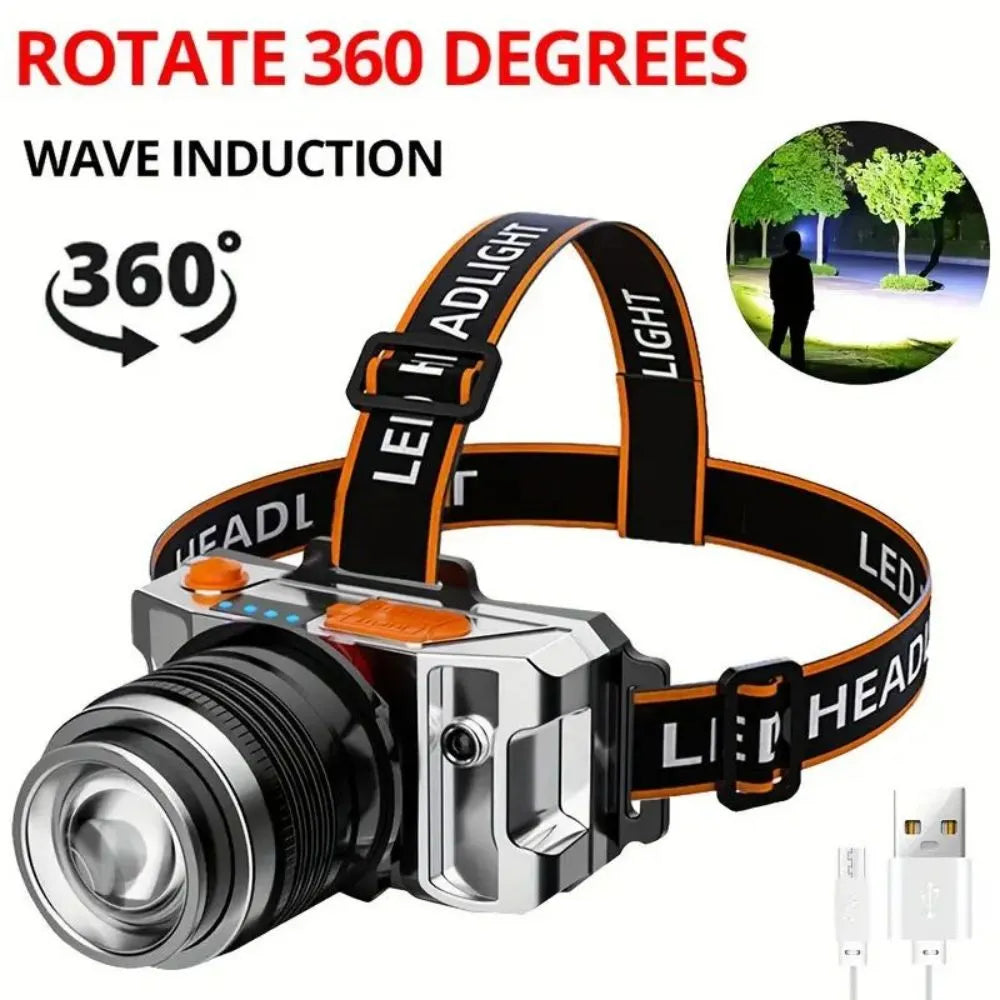 Rechargeable Headlamp - LED Headlamp with 5 IPX6 Waterproof Modes, 360 Degree Adjustable Angle, Motion Sensor, Headlight for Run-WAYBIKER