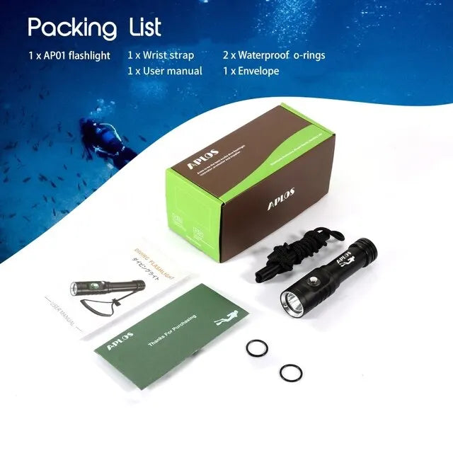 APLOS AP01 1050 Lumens Diving Flashlight XM-L2 5000k LED Scuba Dive Light, IPX8 Waterproof Underwater 100m Rechargeable Torch-WAYBIKER