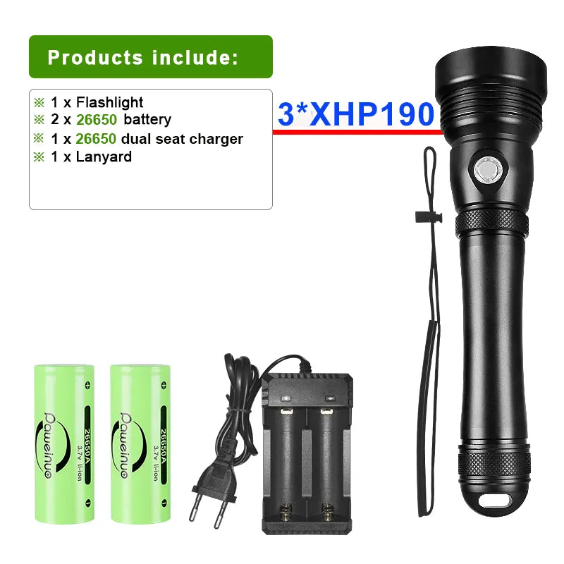 Professional Diving Flashlight Scuba Diving 3*XHP190 Led Torch Light Strong Powerful Underwater Flash light Waterproof Hand Lamp-WAYBIKER