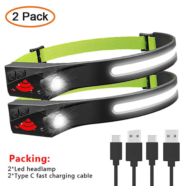 1~2PCs Work Light Sensor COB LED Headlamp Camping Headlight outdoor Flashlight USB Rechargeable Head Lamp Torch 5 Mode-WAYBIKER