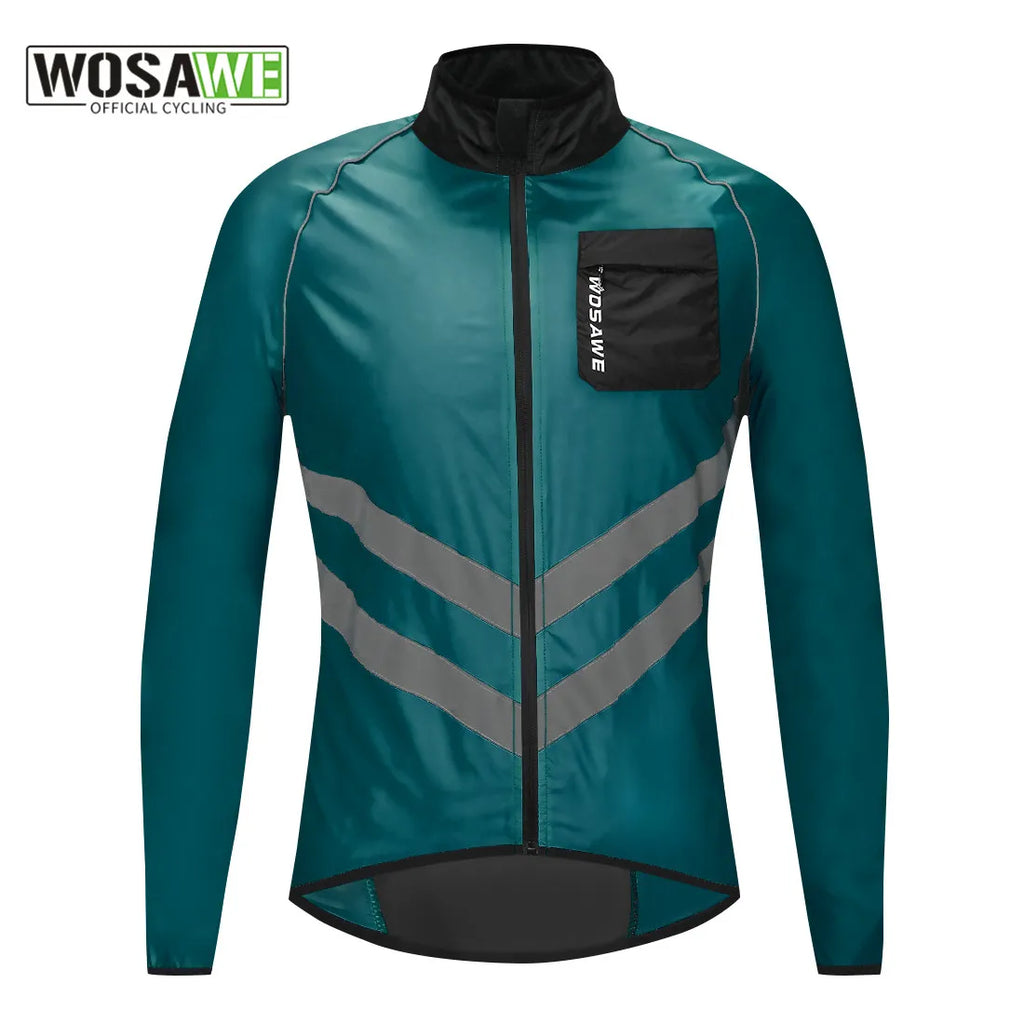 WOSAWE Windproof Cycling Jacket MTB Bike Jersey Outdoor Sport Cycling Windbreaker Rainproof Reflective Bike Clothing Navy Blue-WAYBIKER