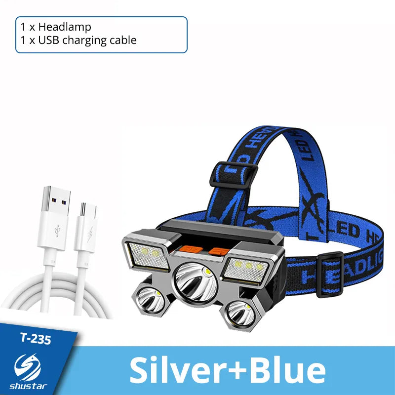 Led Five-Head Headlamp Strong Light Super Bright Rechargeable Fishing Headlight Long-Range Head-Mounted Mine Lamp Flashlight-WAYBIKER