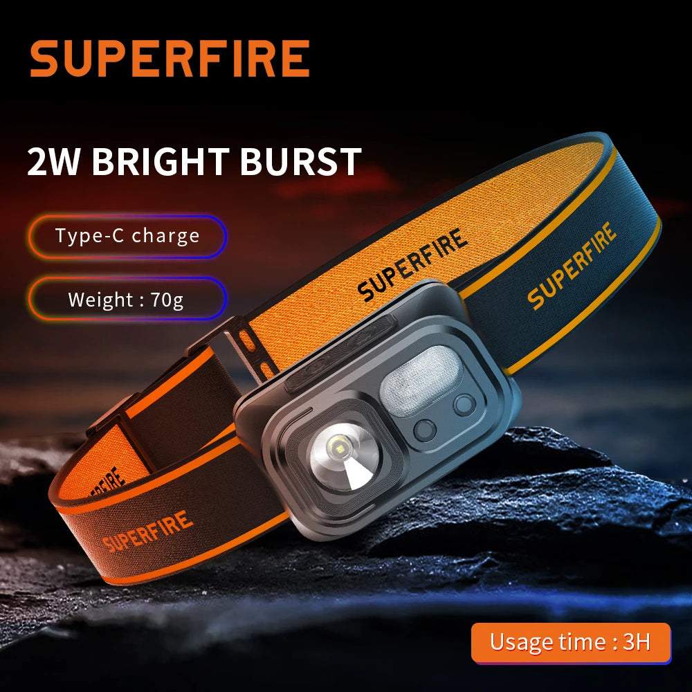 SuperFire Motion Sensor Head Flashlight With Red Light, HL23-A MiNi headlight led Type-C Rechargeable Camping Fishing Lantern-WAYBIKER