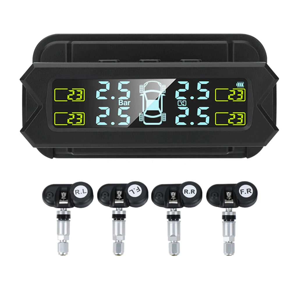 Auto Backlight LCD Display Tire Pressure Monitoring System Wireless Solar Power TPMS with 5 Alarm Modes 4 Sensors 0-67 PSI-WAYBIKER