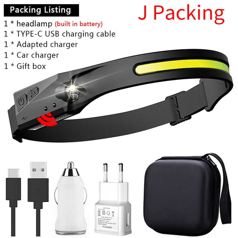 1-5PCS Induction Headlamp COB LED Head Lamp with Built-in Battery Flashlight USB Rechargeable Torch Outdoor Lighting Work Light-WAYBIKER