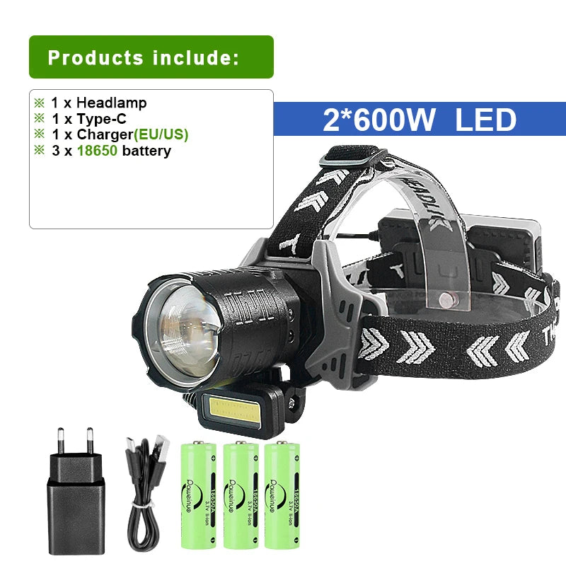 Newest Long Shot LED Headlamp 60W Powerful Head Flashlight 8000LM Yellow Light Headlight Rechargeable Head Lamp Fishing Lantern-WAYBIKER
