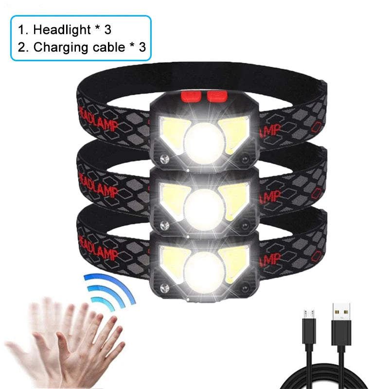8 Modes Handfress Motion Sensor Powerful LED Headlight Headlamp Head Lamp COB Flashlight Torch Head Light For Camping, Fishing-WAYBIKER