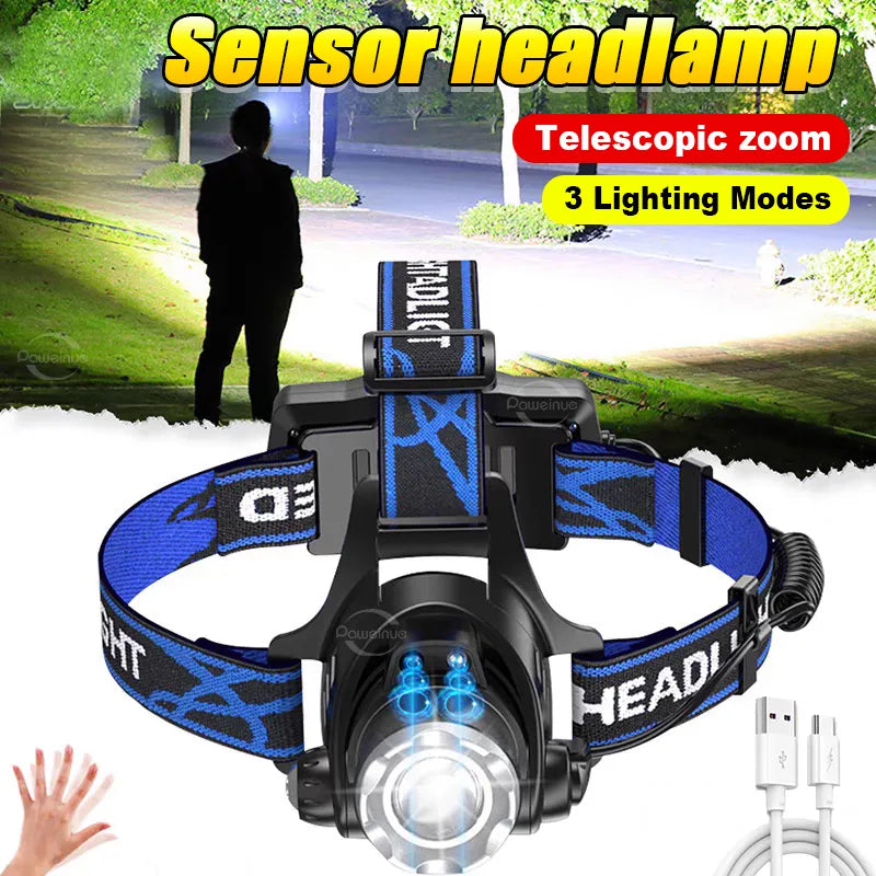 8000LM Sensor LED Headlamp Fishing Headlight 3 Modes Zoomable Waterproof Super bright camping light Powered by 2x18650 batteries-WAYBIKER
