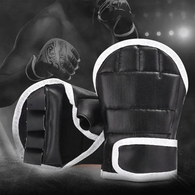 1Pair New Leather Half Finge Karate Boxing Gloves Mitts Sanda Karate Sandbag Taekwondo Protector Gloves MMA Muay Thai-WAYBIKER