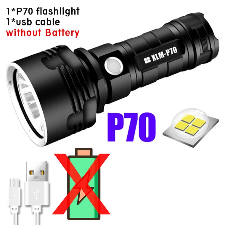 P70 Super Bright Flashlight  High Power LED CampingEmergency Light USB Rechargeable Torch Waterproof Light  Long Battery Life-WAYBIKER
