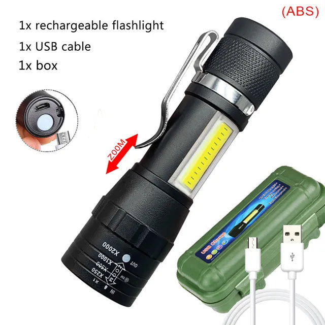 Mini Portable Q5 Led  Flashlight Built In Battery Zoom Torch COB Lamp 2000 Lumens Adjustable Pen Light Waterproof for Outdoor-WAYBIKER