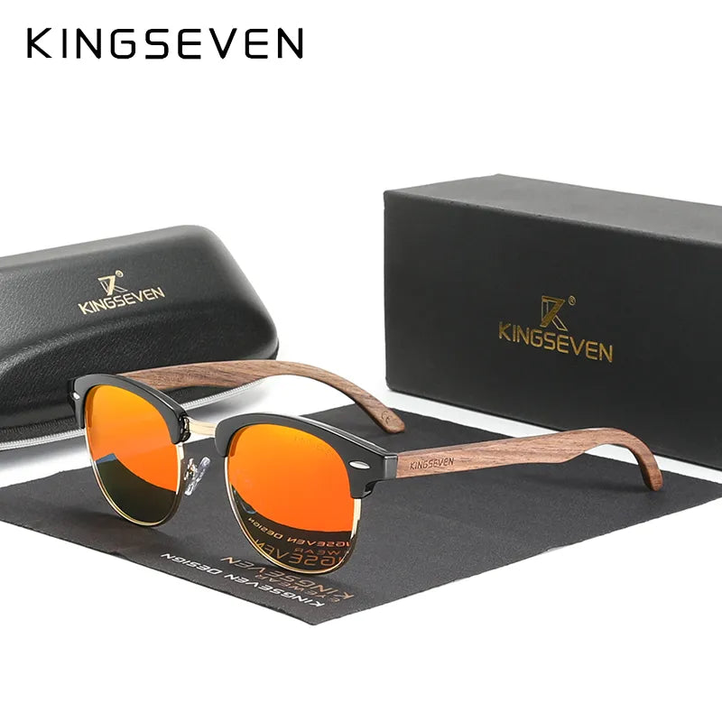 KINGSEVEN 2023 Quality Upgrade Walnut Wooden Sunglasses Men Polarized Semi-Rimless UV400 Protection Retro Eyewear Women-WAYBIKER