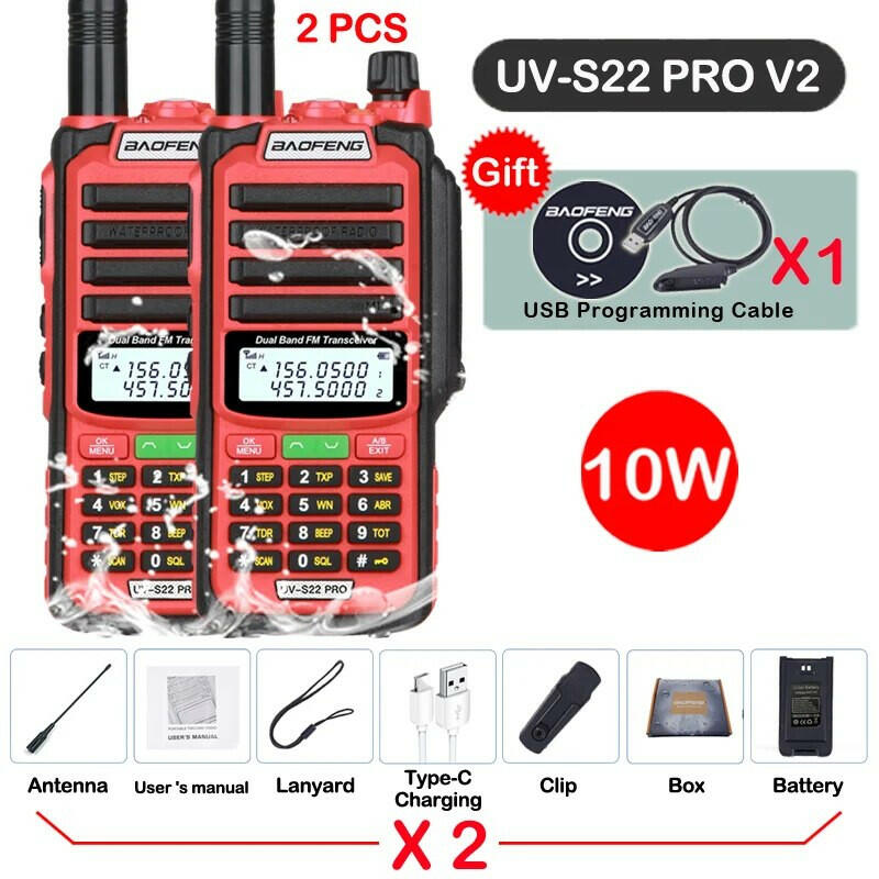2pcs Baofeng Professional Walkie Talkie 10W Powerful UV S22 PRO IP68 Waterproof VHF UHF Dual Band Two Way CB Ham Radio For Hunt-WAYBIKER