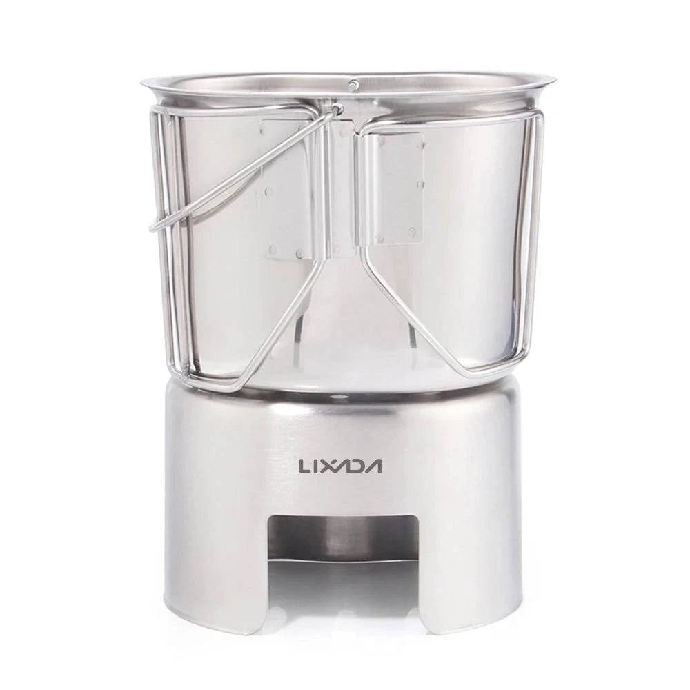 Camping Cookware Stainless Steel Canteen Cup Hanging Pot with Wood Stove Set for Outdoor Survival Backpacking Hiking Picnic-WAYBIKER