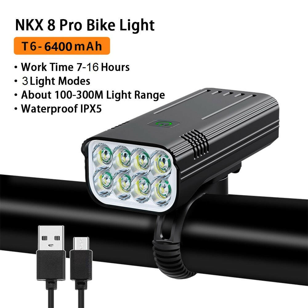 NATFIRE 8 LED Bike Light 10000-6400mAh USB Rechargeable Bike Headlight Super Bright Flashlight Front Lights and Back Rear light-WAYBIKER