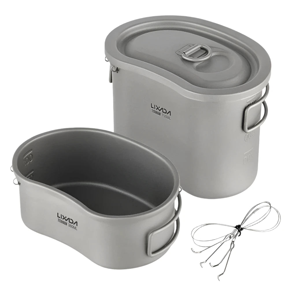 Lixada Outdoor Camping Titanium Canteen Set 380ml 750ml Hanging Pot Tableware Hiking Survival Equipment Picnic Supplies Travel-WAYBIKER