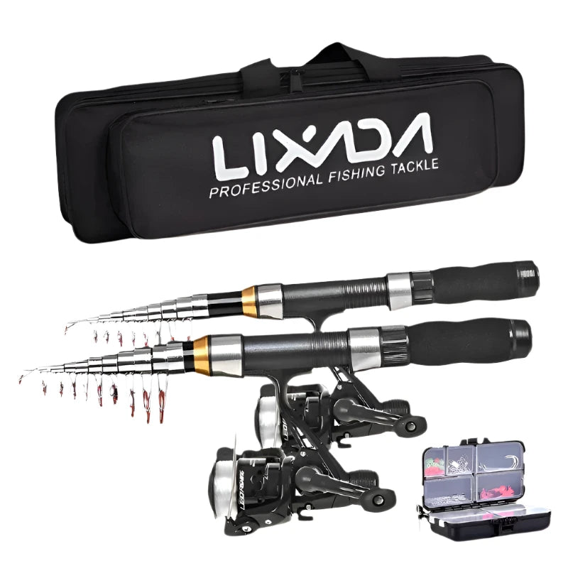 Lixada Fishing Rod Reel Combo Full Kit with 2.1m 2.3m Telescopic Fishing Rods 2PCS Spinning Reels Set with Hooks Soft Lures-WAYBIKER