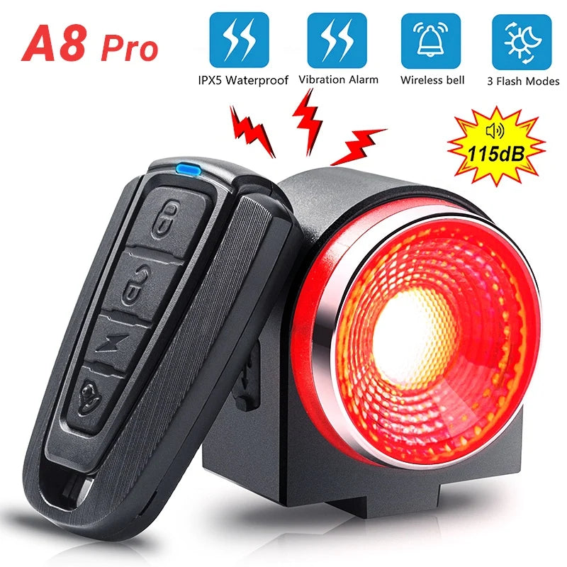 Bicycle Rear Lamp Braking Light Burglary Alarm Remote Call Wireless Control USB Charge LED Lantern Bike Finder Horn Bell A8 Pro