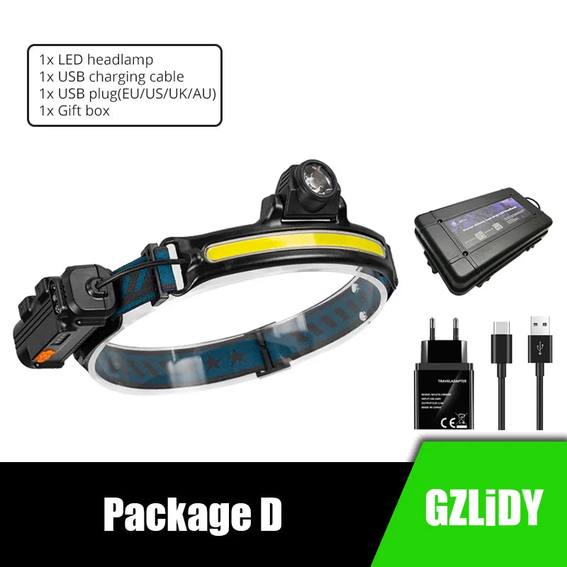 IR Sensor COB Headlamp Powerful USB Lantern Lamp Waterproof LED Headlight Fishing Head Torch 6 Modes 2000mAh 18650 Flashlight-WAYBIKER