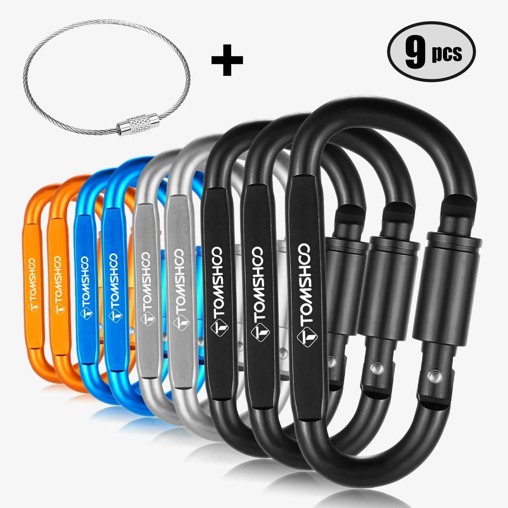 9 Pack Aluminum Alloy D-ring Locking Carabiner Clip Set Screw Lock Hanging Hook Buckle Keychain with Steel Wire Ring-WAYBIKER