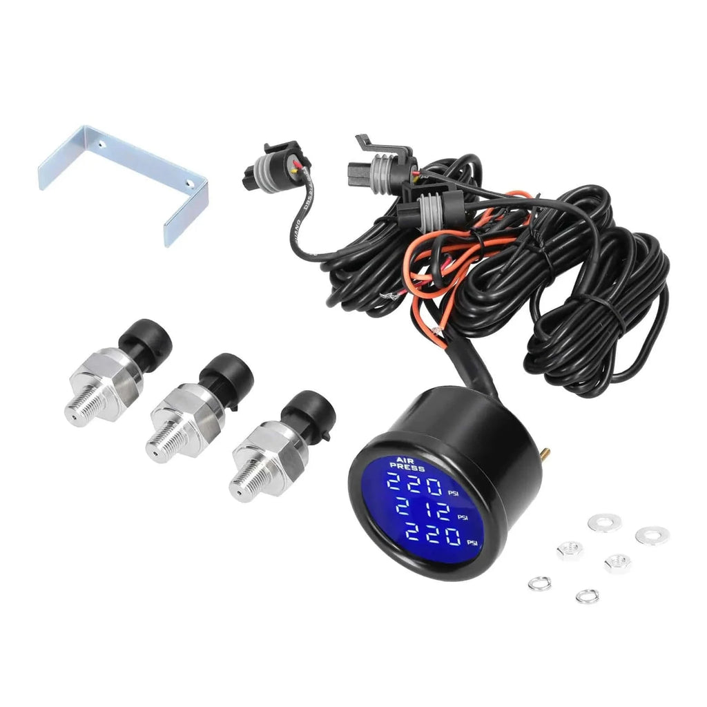 Dual/Triple Display Air Pressure Guage LED Digital Air Suspension Gauge 0-220PSI 12/24V with 2pcs/3pcs 1/8NPT Sensors-WAYBIKER