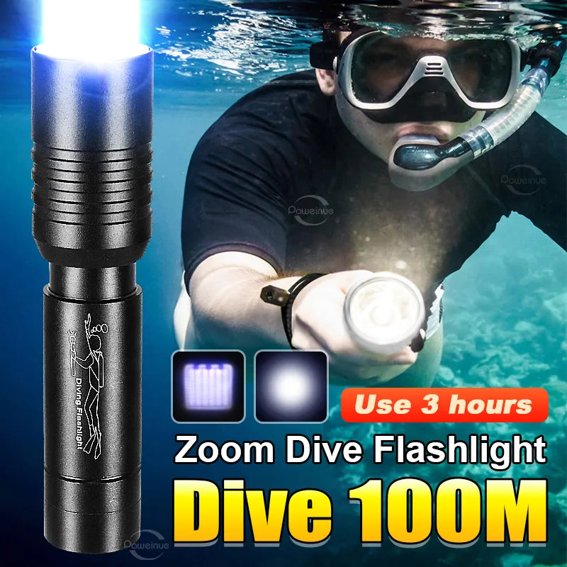 Diving 100M Underwater Lantern Led Rechargeable Portable Zoom Professional Underwater Lantern IP68 Waterproof Diving Flashlight-WAYBIKER