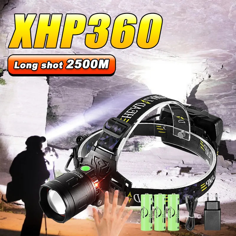 Super Powerful XHP360 LED Headlamp Rechargeable USB Head Light High Power Lighting 2500M Outdoor Waterproof Camping Head Lantern-WAYBIKER