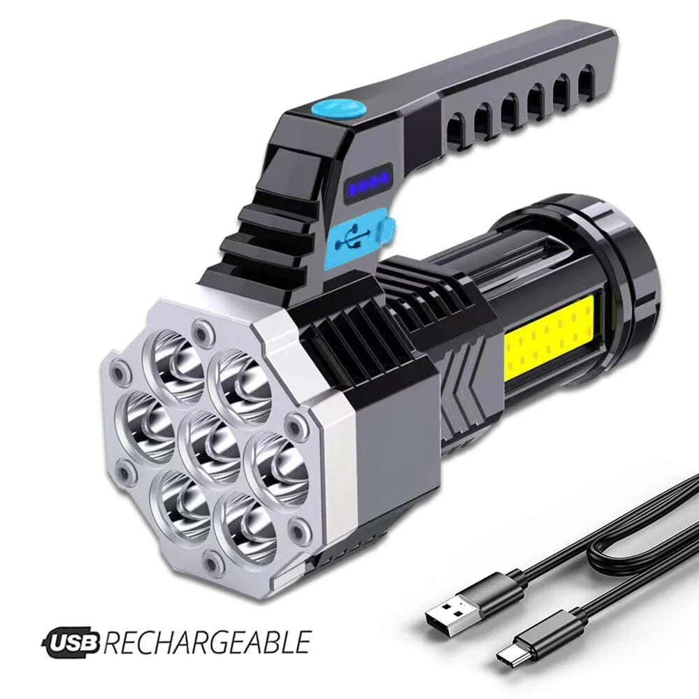 High Power Rechargeable Led Flashlights 7LED Camping Torch With Cob Side Light Lightweight Outdoor Lighting ABS Material-WAYBIKER