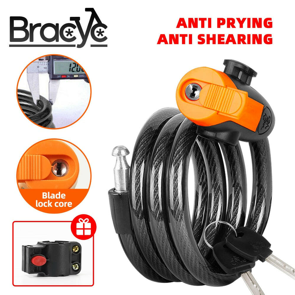 Universal Mountain Bike Cable Lock Key Fixed Secure Anti Theft with Mounting Bracket Scooter Bicycle Lock Portable Steel-WAYBIKER