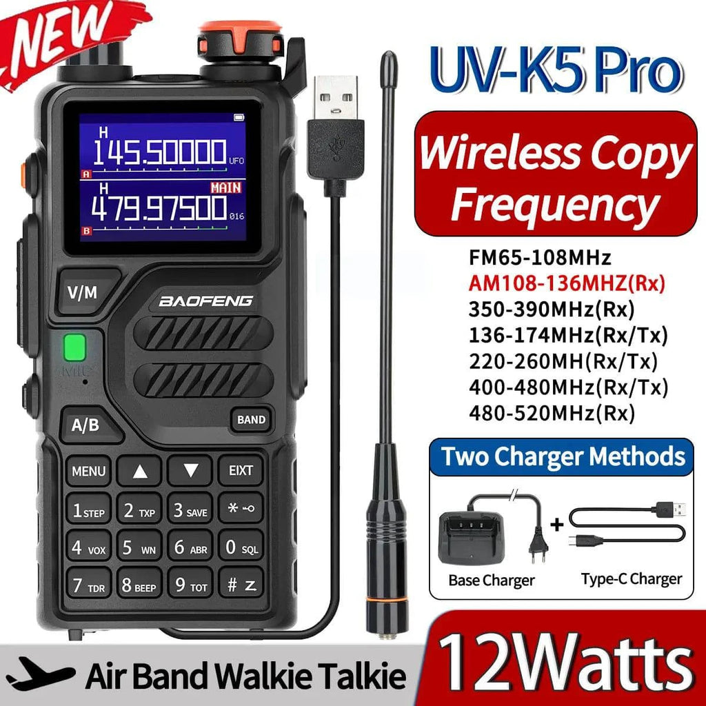 Baofeng UV-K5 Pro Air Band Walkie Talkie Wireless Copy Frequency 12W Type-C Long Range Commutator Receiver Ham Two Way Radio-WAYBIKER