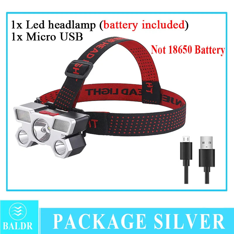USB Rechargeable Led Five-Head Headlamp Super Bright 18650 Built-in Battery Headlight Portable Head Flashlight Fishing Lantern-WAYBIKER