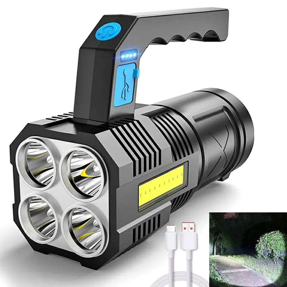 Powerful LED Flashlight Super Bright USB Rechargeable COB 4 LED Handheld Lantern Camping Portable Torch Light-WAYBIKER