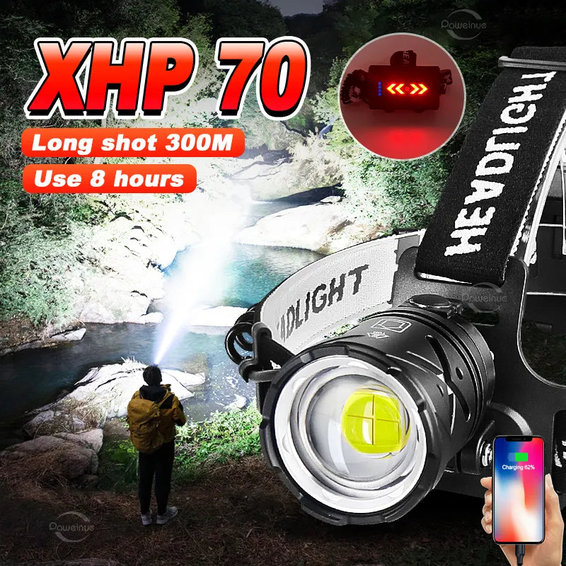 2023 The Most Powerful XHP70 LED Headlamp White Light Camping Headlight Zoomable 3*18650 USB Rechargeable Portable Head Lantern-WAYBIKER