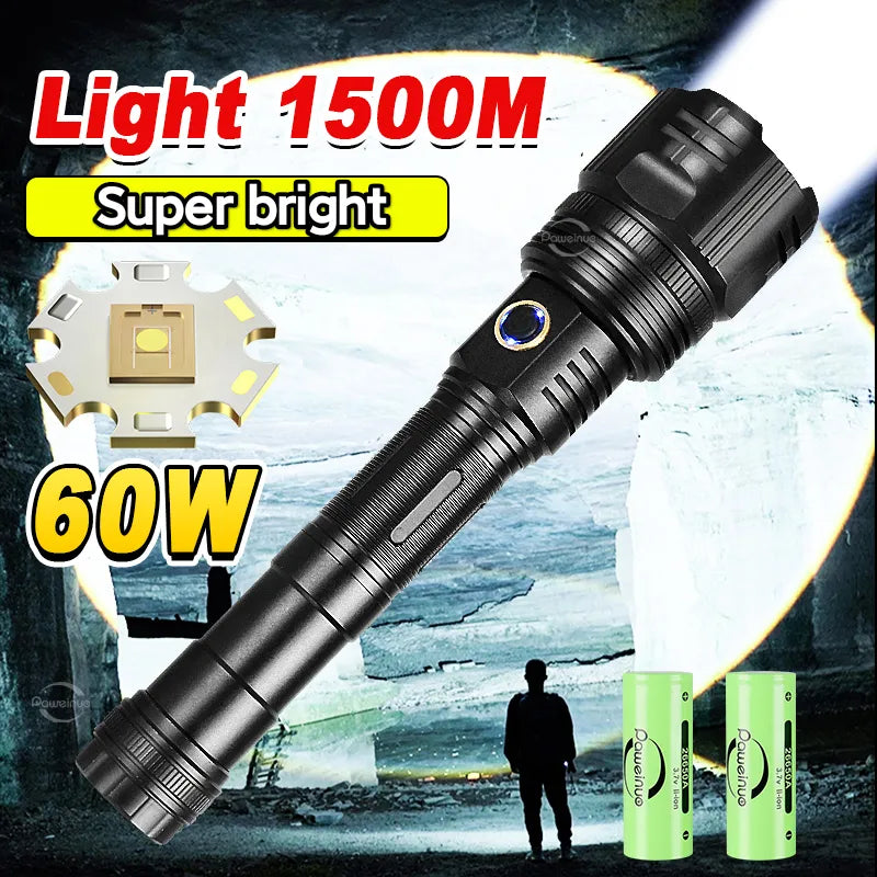 Super Bright Rechargeable Flashlight High Power Led Flashlights Powerful Torch Usb Tactical Lantern Zoom Lighting 1500Meter-WAYBIKER