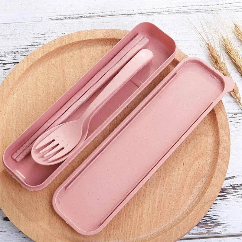 Cutlery Wheat Straw Spoon Fork Chopsticks With Box Students Tableware Travel Portable Dinnerware Kitchen Accessories-WAYBIKER