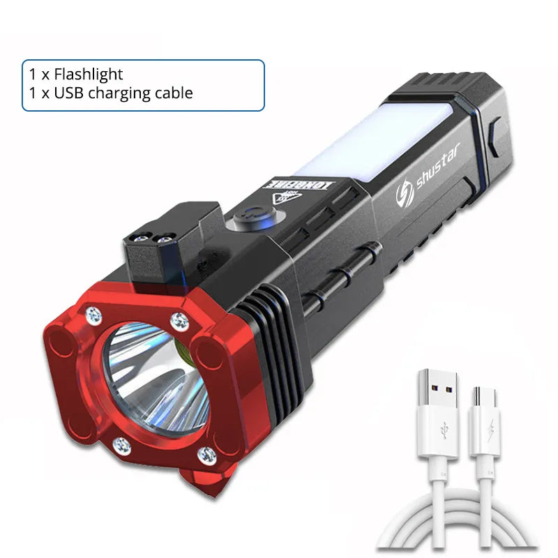 USB Charging Super Bright LED Flashlight with Safety Hammer Side Light Torch Light Portable Lantern Outdoor Adventure Lighting-WAYBIKER