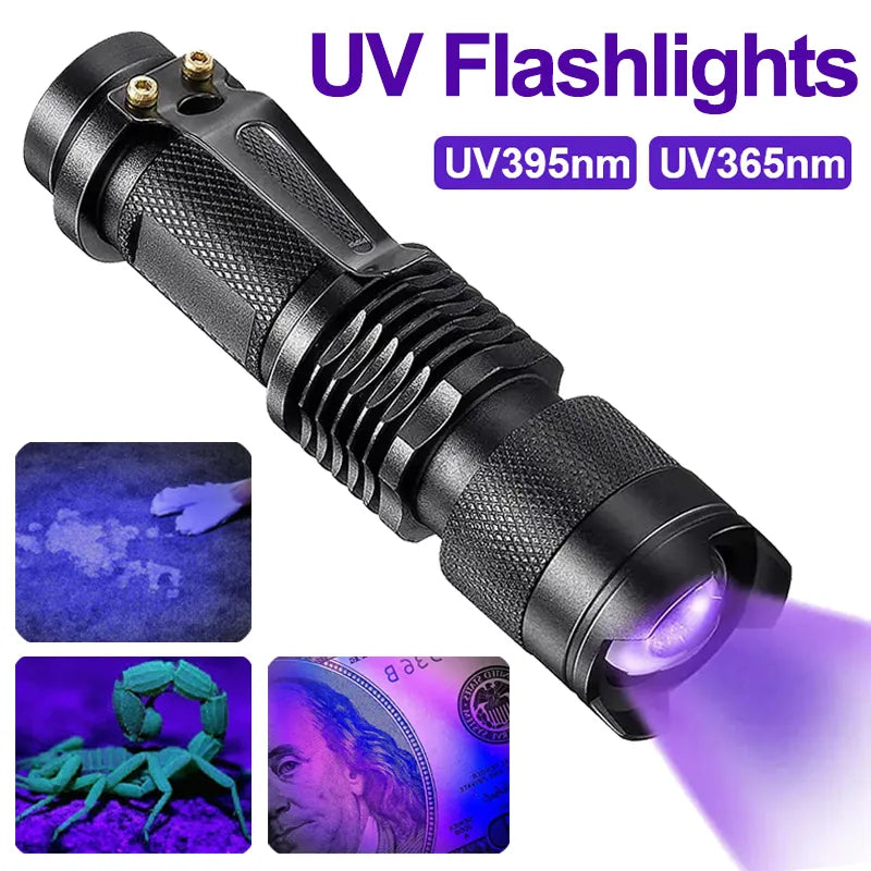 LED UV Flashlight 365/395nm Portable Mini Ultraviolet Torch Waterproof Zoomable Violet Light Pet Urine Scorpion Detector UV Lamp-WAYBIKER
