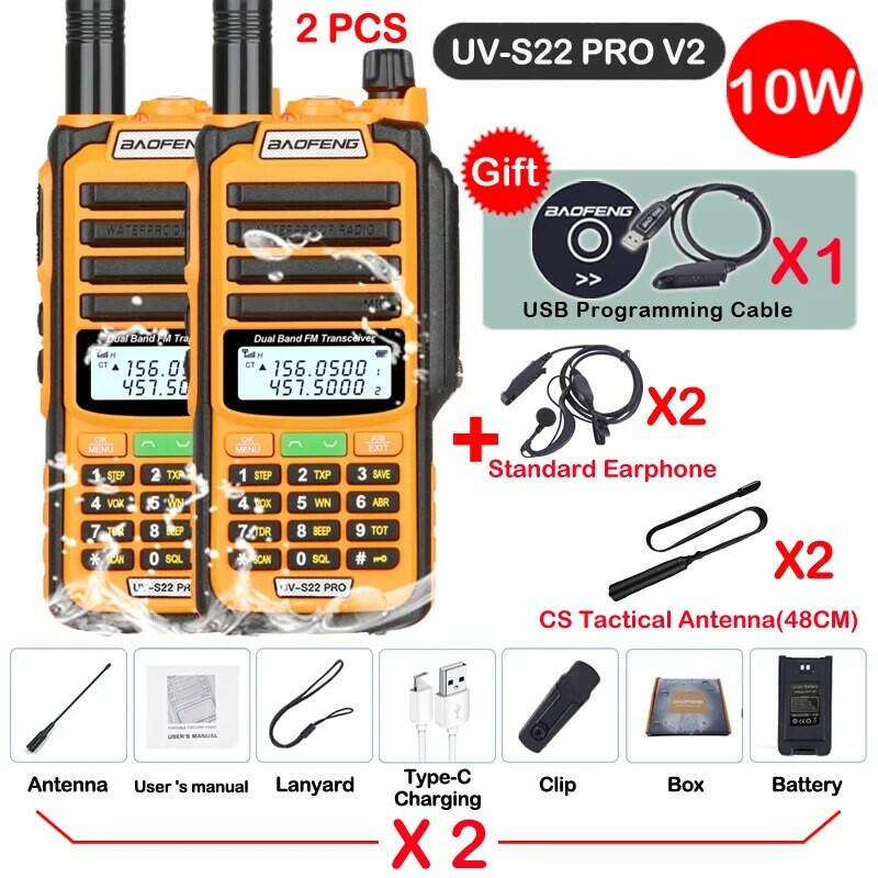 2pcs Baofeng Professional Walkie Talkie 10W Powerful UV S22 PRO IP68 Waterproof VHF UHF Dual Band Two Way CB Ham Radio For Hunt-WAYBIKER