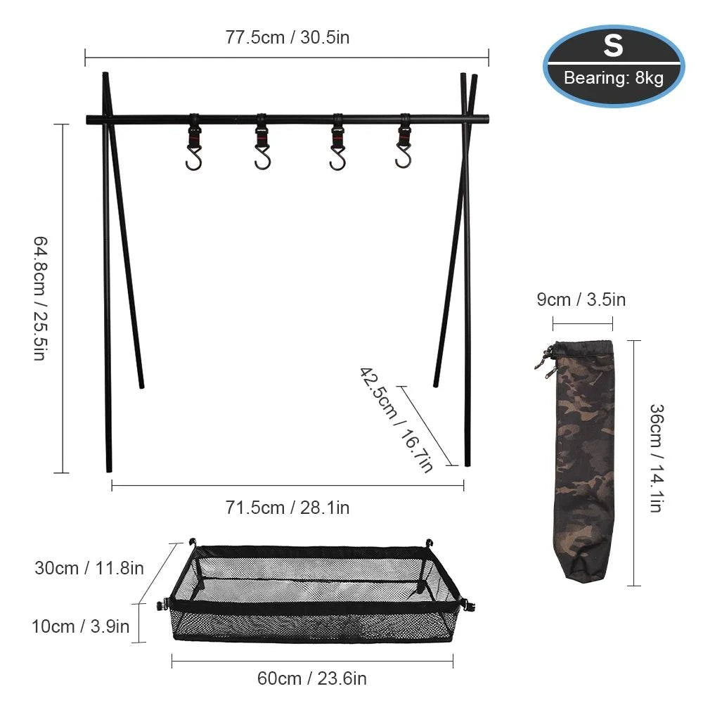 Outdoor Cookware Hanging Rack with Under Net Bag Hanging Organizer Stand Foldable Support Bracket with Hooks & Mesh Basket-WAYBIKER
