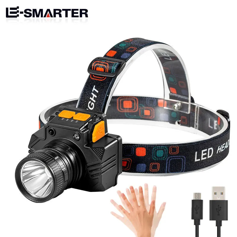 Powerful Light Sensor LED Headlamp Bicycle Fishing Headlight USB Rechargeable Torch Lamp Outdoor Waterproof Camping Head Lights-WAYBIKER