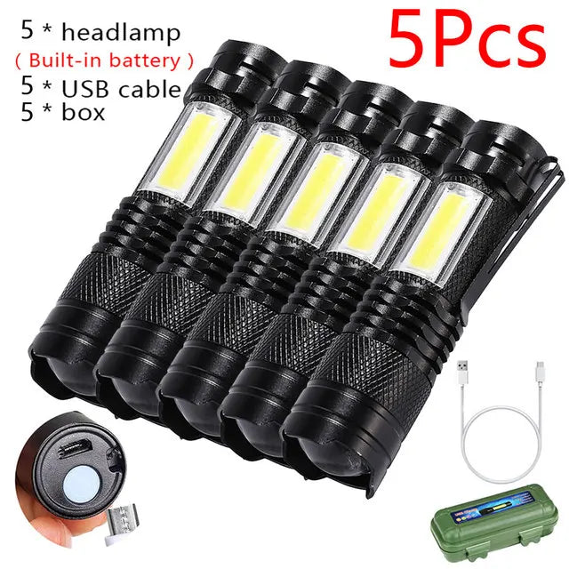 Mini Portable Q5 Led  Flashlight Built In Battery Zoom Torch COB Lamp 2000 Lumens Adjustable Pen Light Waterproof for Outdoor-WAYBIKER