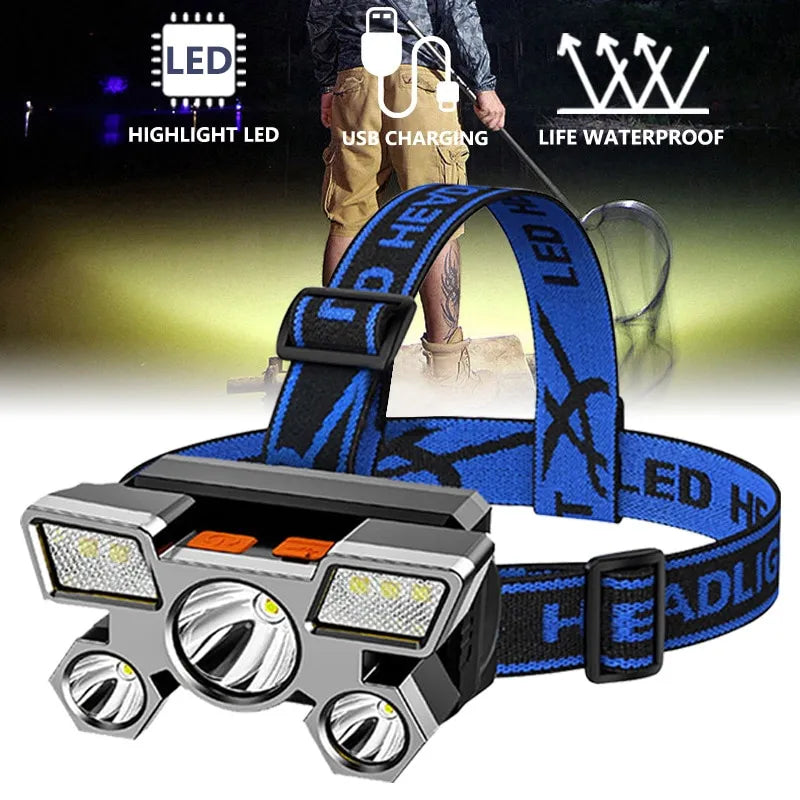 Led Five-Head Headlight Strong Light Super Bright Rechargeable Fishing Lamp Long-Range Head-Mounted Mine Lamp Flashlight-WAYBIKER